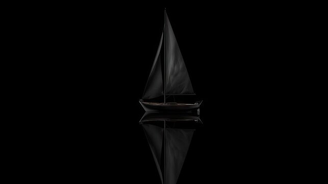 Black silhouette of a sailboat with tall sail on reflective dark surface against black background