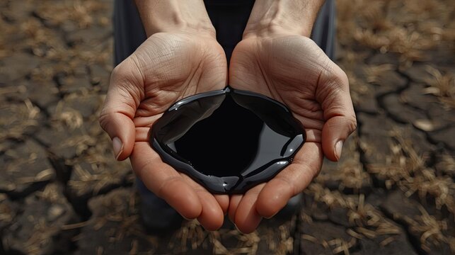 Dirty hands cupped together containing dark viscous black liquid above parched cracked ground