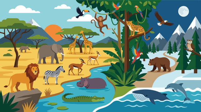 Variety of animals in their habitats.