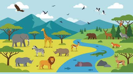 Various Animals in a Savannah Habitat. © juli