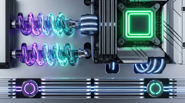 Futuristic highperformance computer liquid cooling system with glowing neon tubes