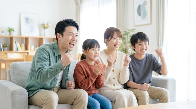 リビングのソファで動画や映画を見ておうち時間を楽しむ仲良し家族