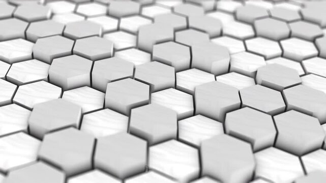 Clean white hexagon grid surface in 4K 60fps loop, soft geometric depth, minimal modular pattern, and bright futuristic technology motion background.