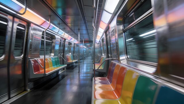 Modern empty subway train interior with colorful seats and bright neon lighting, featuring a clean metallic design and motion blur through windows, representing urban transportation.