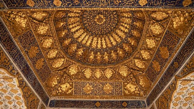 Ornate Gold and Blue Oriental Ceiling Design for Luxury Interior Decor, Historical Architecture, and Cultural Heritage Visuals