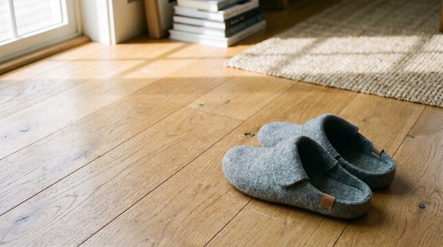 Pair of grey felt slippers on a wooden floor near a window with natural sunlight