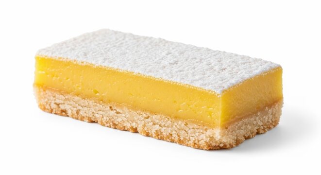 A single lemon bar with powdered sugar isolated on white background