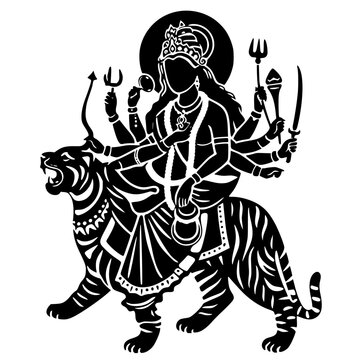 Vector silhouette of goddess Durga riding a tiger with multiple arms, symbolic of Navaratri festival, divine strength, and spiritual celebration.