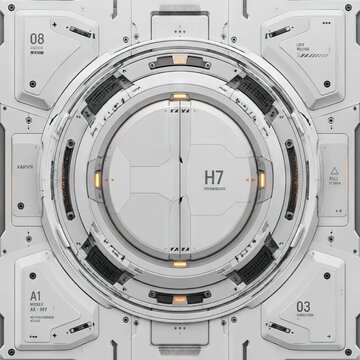 A futuristic mechanical panel with a circular central structure labeled &ldquo;H7,&rdquo; surrounded by geometric metallic patterns, illuminated accents, and technical markings resembling spacecraft or advanced m