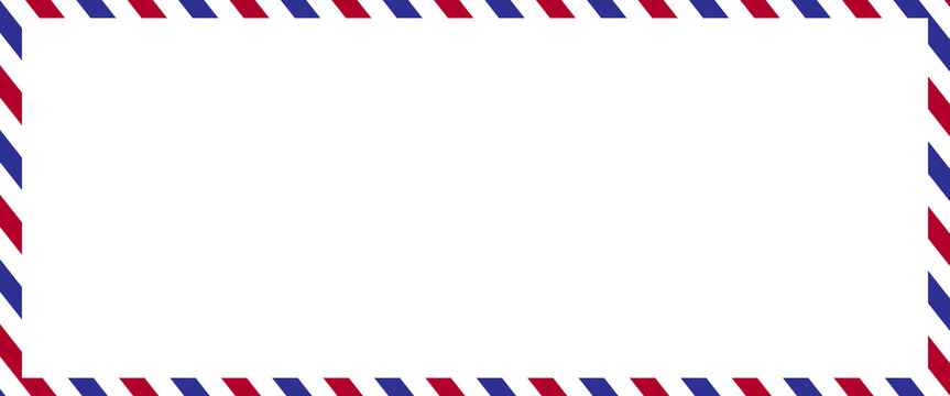 Airmail envelope frame with blue and red stripes on white background. International vintage letter border. Retro air mail postcard. Blank envelope.