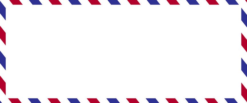 Airmail envelope frame with blue and red stripes on white background. International vintage letter border. Retro air mail postcard. Blank envelope.
