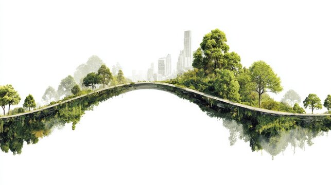 An artistic depiction of a bridge connecting lush green land with a city skyline in the distance, symbolizing the harmonious coexistence of nature and urban development