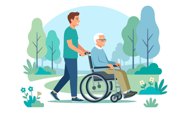 Male caregiver pushing senior in wheelchair at the park pathway