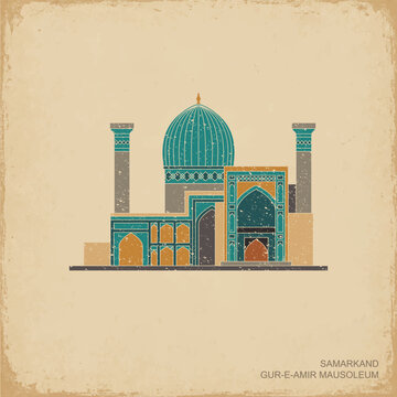 Flat vintage vector illustration of Gur E Amir Mausoleum in Samarkand, Uzbekistan. Famous Timurid architectural masterpiece and Silk Road landmark featuring a turquoise ribbed dome, geometric ornament