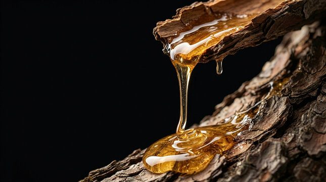 Golden tree sap slowly dripping from rough bark onto a dark background