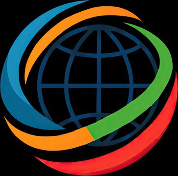 A clean logo design with a navy blue lattice globe surrounded by three dynamic curved arcs in blue, orange, and green on a black background
