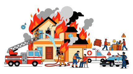 House fire emergency: firefighters, police, ambulance, rescue effort © bagas