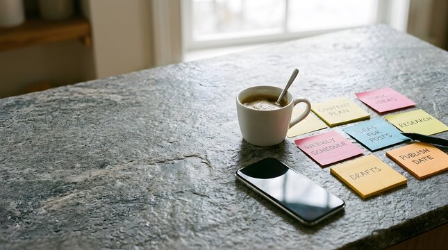 content planning workflow with smartphone coffee and editorial calendar supporting creator business growth and social media strategy