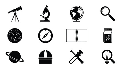 Science and exploration simple icons set including telescope microscope globe and other elements. © Rahul