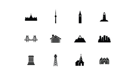 Naklejka premium Canadian landmarks icon set with parliament building tower bridge mountain and lighthouse.