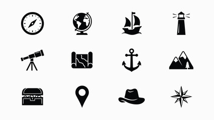 Set of black flat icons representing marine exploration equipment and adventure themes. © Rahul