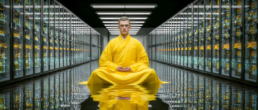 Un homme m&eacute;dite entre des serveurs lumineux, m&ecirc;lant calme spirituel et technologie futuriste