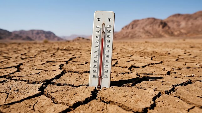 Dry cracked desert earth with a thermometer showing high temperature under clear blue sky concept for global warming and climate change drought environmental disaster.