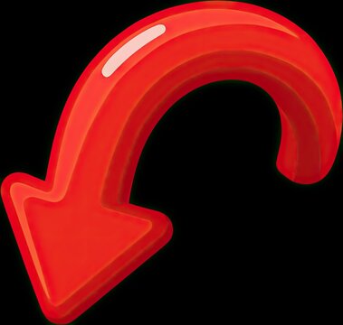 Glossy red curved arrow pointing down against black background