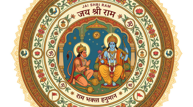 Hindu Deities Lord Rama and Hanuman in Decorative Mandala
