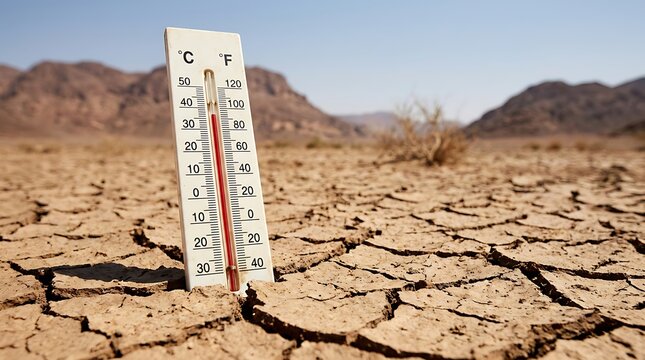 Dry cracked desert earth with a thermometer showing high temperature under clear blue sky concept for global warming and climate change drought environmental disaster.