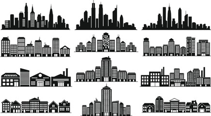 Modern city skylines industrial zones and suburban buildings black silhouettes set isolated on white background © MdTohidul