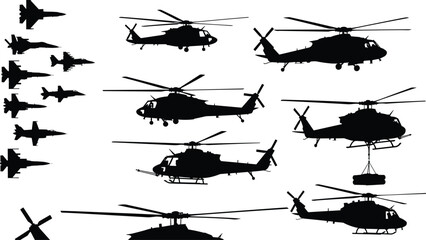 Military helicopters and fighter jets black silhouette collection isolated on white background air force vector set © MdTohidul