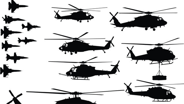 Military helicopters and fighter jets black silhouette collection isolated on white background air force vector set