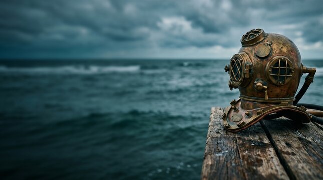 Vintage brass deep sea diving helmet resting on a weathered wooden pier overlooking a stormy, dark ocean under a cloudy sky