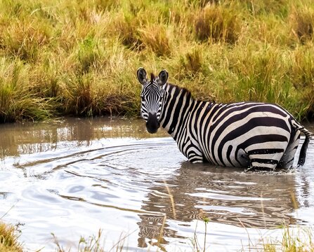 Zebra standing in water cooling on African safari