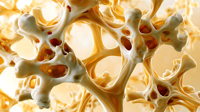 Abstract close-up visualization of porous bone tissue structure, illustrating osteoporosis, bone density loss, skeletal fragility, and medical research concepts in a detailed scientific background.