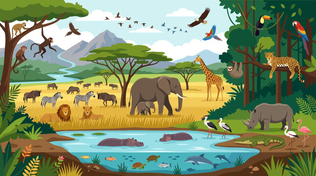 Wildlife animals in natural habitat scene.