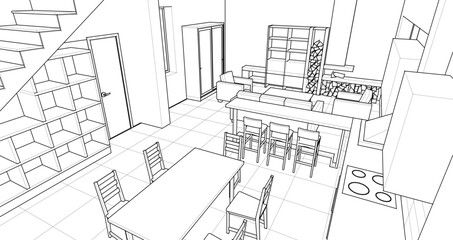 Fototapeta premium interior kitchen living room 3d illustration