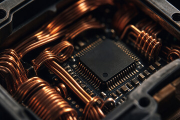 Naklejka premium Electronic Circuit Board with Copper Wires and Microchip