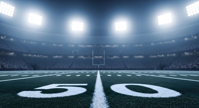 American football field with 50 yard line under stadium lights