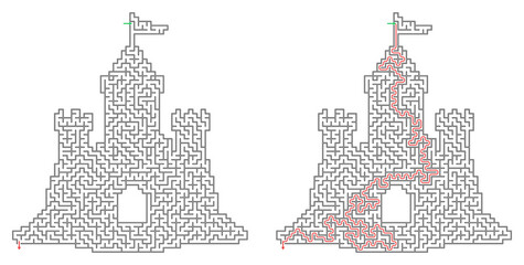 Fototapeta premium Maze for kids featuring castle design with solution illustrated 
