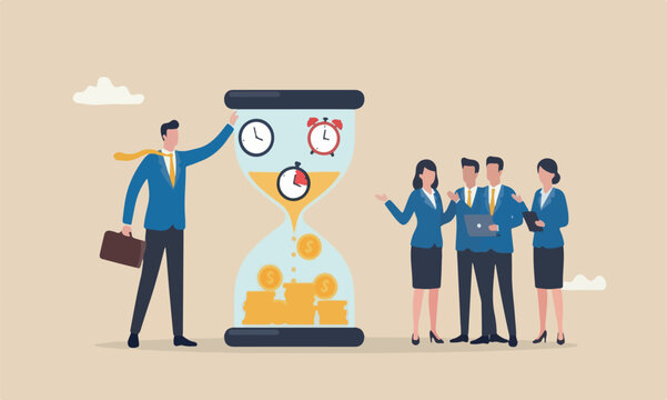 money retirement meeting teams together businessman investor putting time pieces, clock, alarm clock and timer into sandglass falling to money profit return