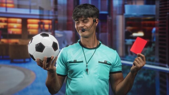 Man referee holding soccer ball and red card with whistle and headset visible in studio; decisive authority.
