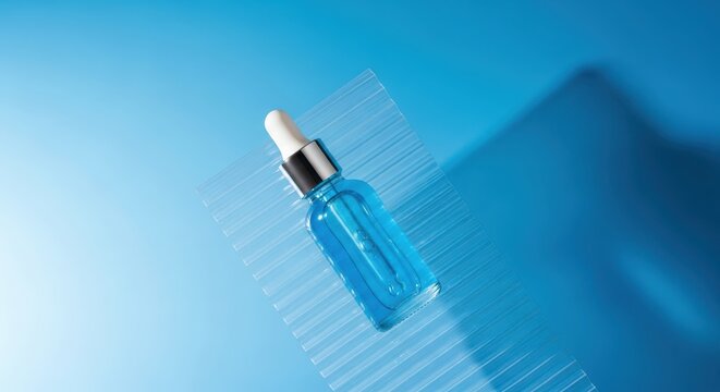 Blue cosmetic serum bottle with dropper on a corrugated plastic surface against a blue background