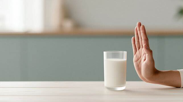ミルクグラスを手で断る乳製品アレルギーのコンセプト | ミニマル空間