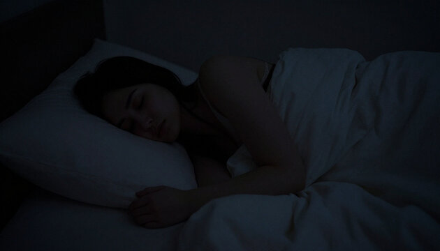 Pretty woman sleeping peacefully dark bedroom