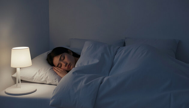 Sleeping Asian girl illuminated table lamp white bedding