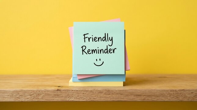 Friendly reminder note on colorful sticky paper against yellow wall