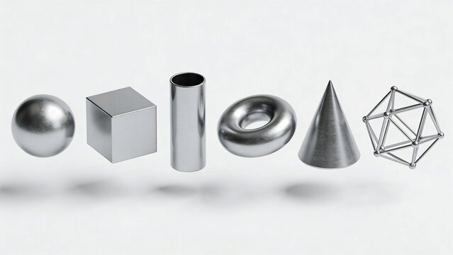Metallic 3D geometric shapes including wireframe sphere cube cone with geometric