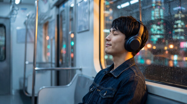 雨の夜の電車でヘッドフォンをつけ幸せそうに音楽を聴く若い男性 | 幸福のメロディ